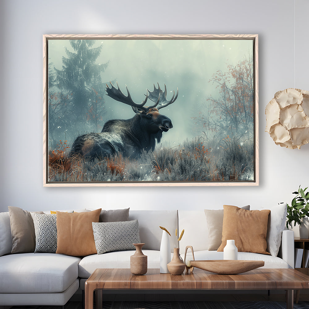 Moose Lying In Winter Field , Framed Canvas Print, Painting Art, Floating Framed Canvas Print Wall Art
