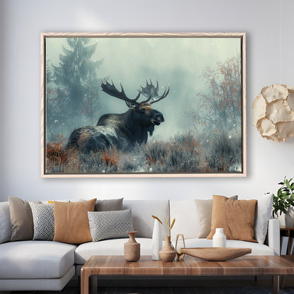 Moose Lying In Winter Field , Framed Canvas Print, Painting Art, Floating Framed Canvas Print Wall Art