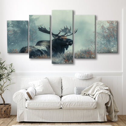 Moose Lying In Winter Field , Canvas Art Decor Print, Painting Art, Mixed Panels Canvas Print Wall Art