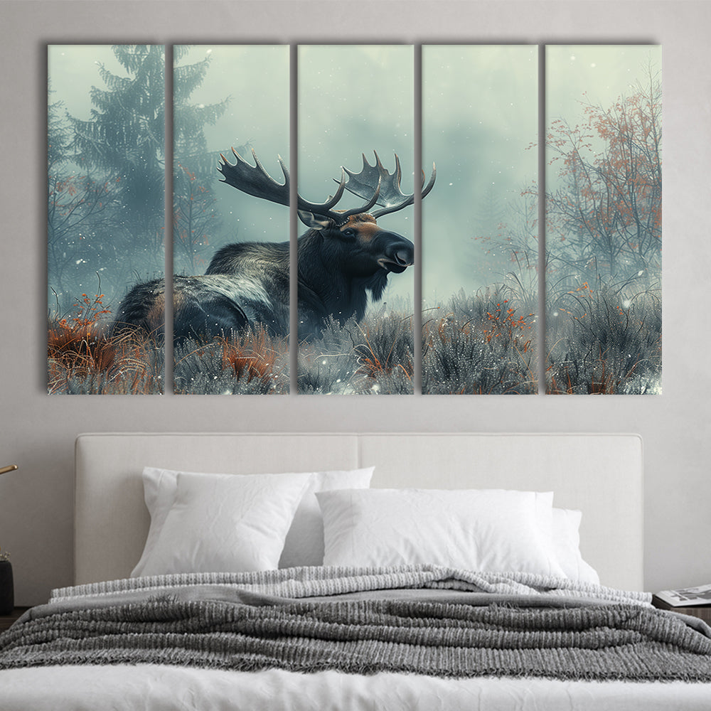 Moose Lying In Winter Field , Canvas Art Print, Painting Art, Multi Panels Canvas Print Wall Art