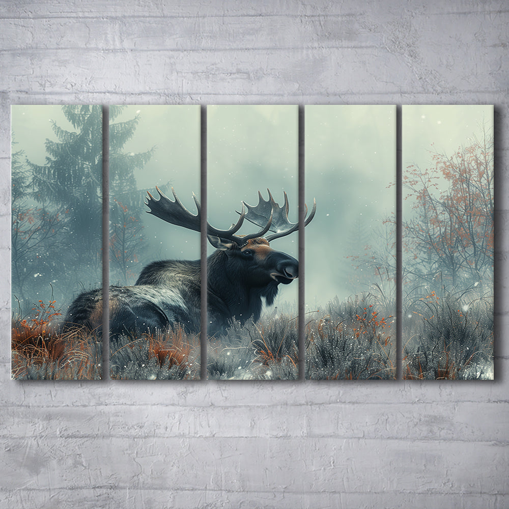 Moose Lying In Winter Field , Canvas Art Print, Painting Art, Multi Panels Canvas Print Wall Art