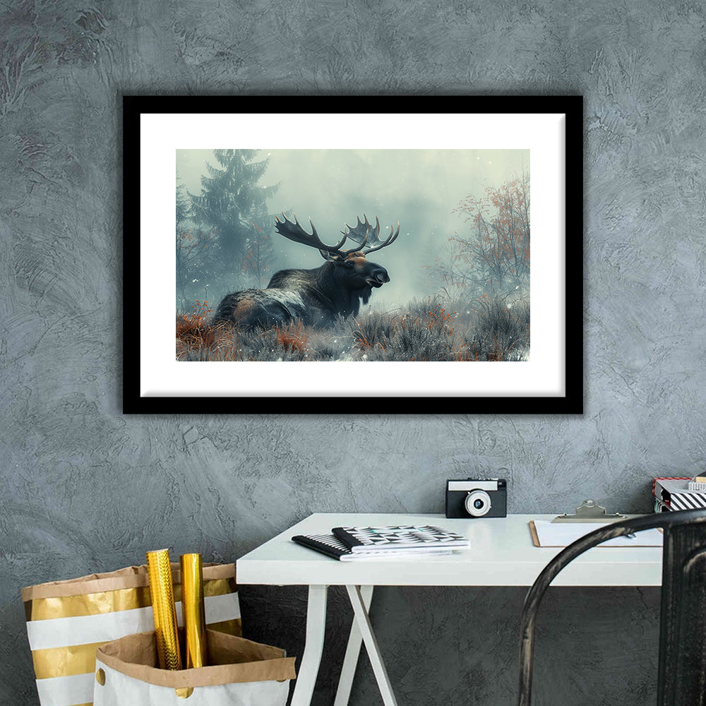 Moose Lying In Winter Field , Framed  Print, Painting Art, Framed Art Print White Border Wall Decor