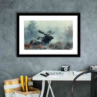 Moose Lying In Winter Field , Framed  Print, Painting Art, Framed Art Print White Border Wall Decor