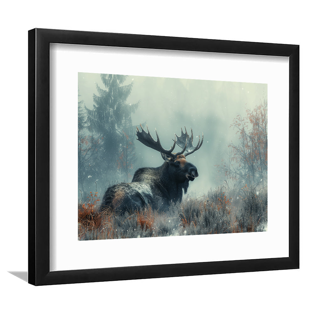 Moose Lying In Winter Field , Framed  Print, Painting Art, Framed Art Print White Border Wall Decor