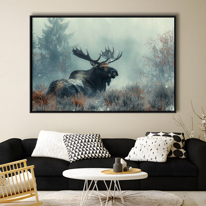 Moose Lying In Winter Field , Framed Canvas Print, Painting Art, Floating Framed Canvas Print Wall Art