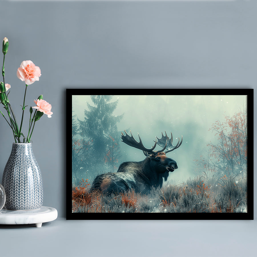 Moose Lying In Winter Field , Framed  Print, Painting Art, Framed Art Print Wall Decor, Framed Picture
