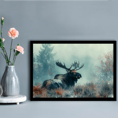 Moose Lying In Winter Field , Framed  Print, Painting Art, Framed Art Print Wall Decor, Framed Picture