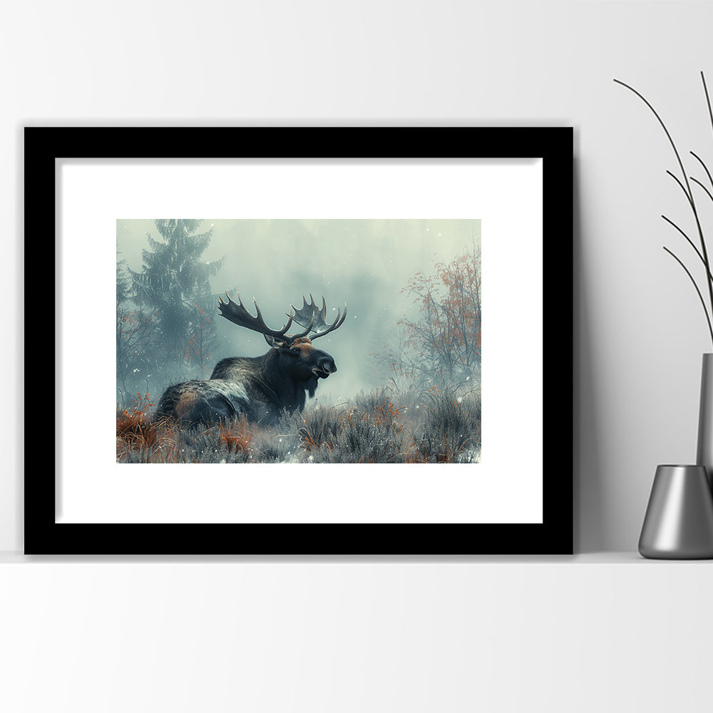 Moose Lying In Winter Field , Framed  Print, Painting Art, Framed Art Print White Border Wall Decor