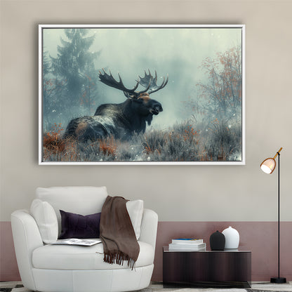 Moose Lying In Winter Field , Framed Canvas Print, Painting Art, Floating Framed Canvas Print Wall Art