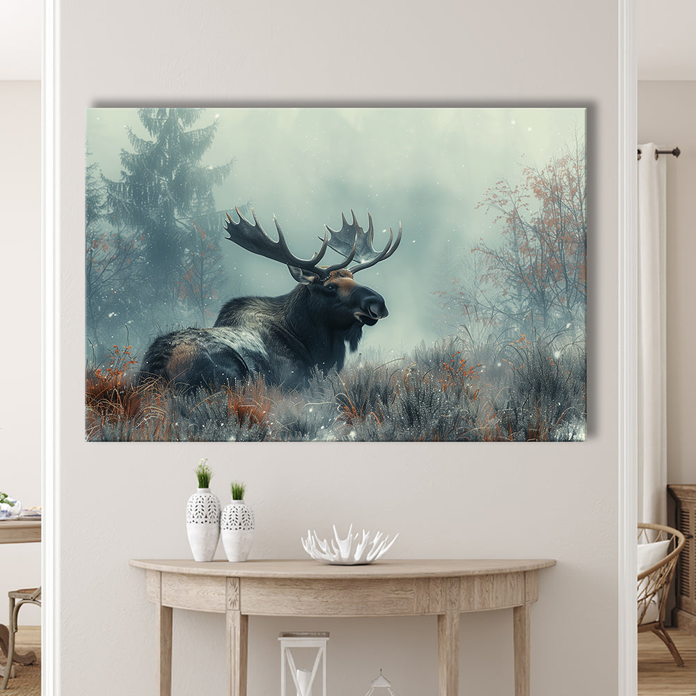 Moose Lying In Winter Field , Canvas Art Decor Print, Painting Art, Canvas Print Wall Art Home Decor