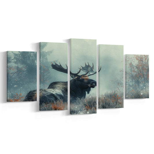 Moose Lying In Winter Field , Canvas Art Decor Print, Painting Art, Mixed Panels Canvas Print Wall Art