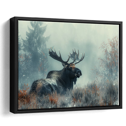 Moose Lying In Winter Field , Framed Canvas Print, Painting Art, Floating Framed Canvas Print Wall Art