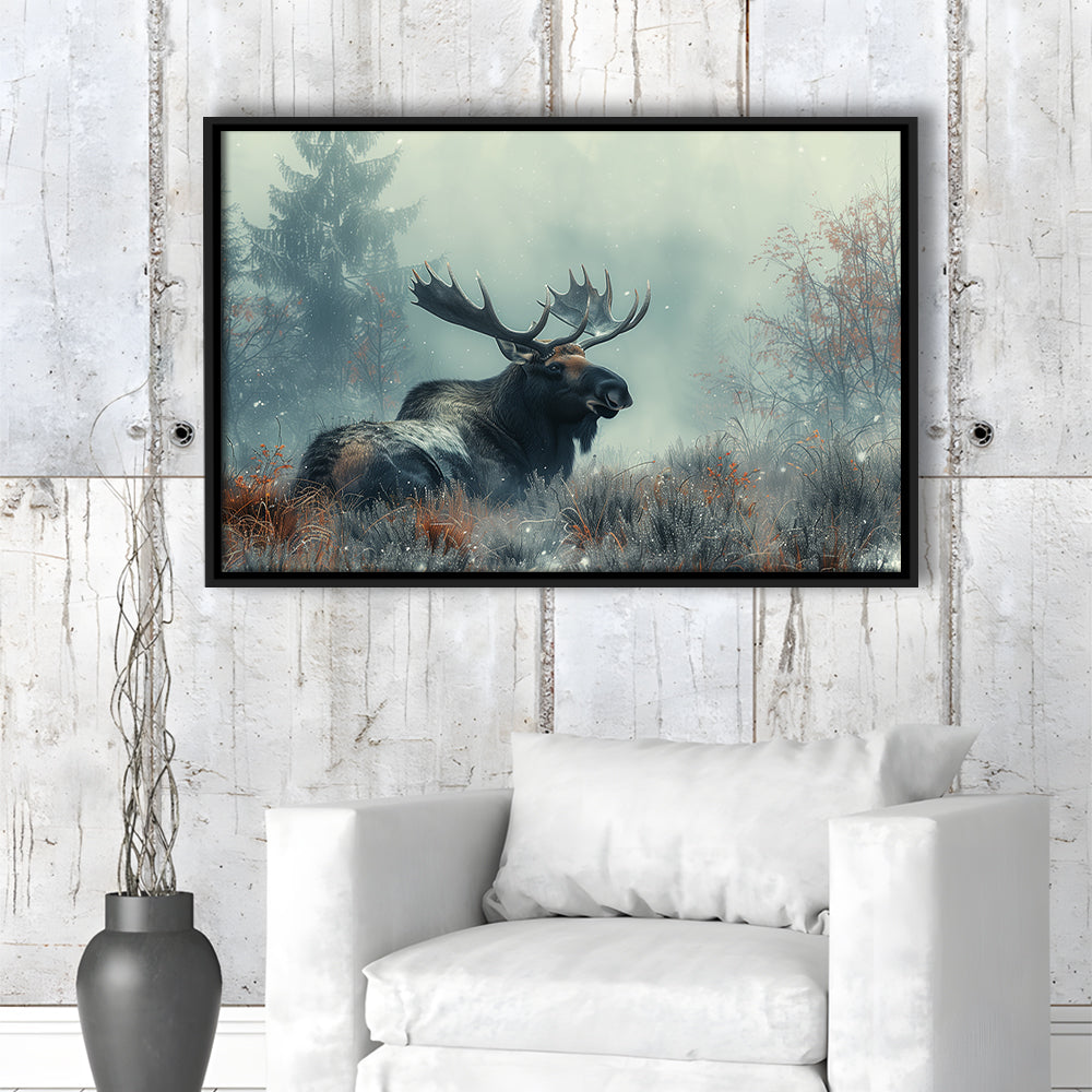Moose Lying In Winter Field , Framed Canvas Print, Painting Art, Floating Framed Canvas Print Wall Art