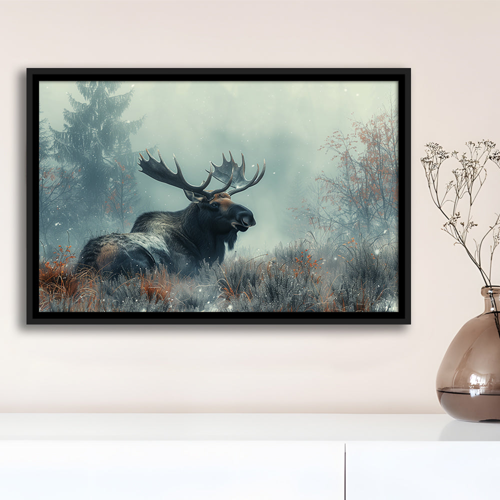 Moose Lying In Winter Field , Framed Canvas Print, Painting Art, Floating Framed Canvas Print Wall Art