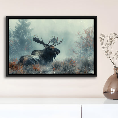 Moose Lying In Winter Field , Framed Canvas Print, Painting Art, Floating Framed Canvas Print Wall Art