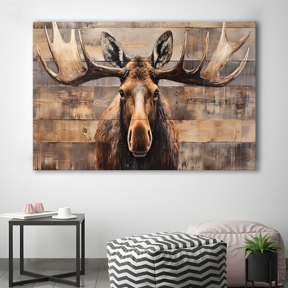 Moose Painted On Wood, Rustic Cabin,  Over Mantel Long Horizontal Decor, Canvas Print Wall Art, Wall Decor, Painting Canvas