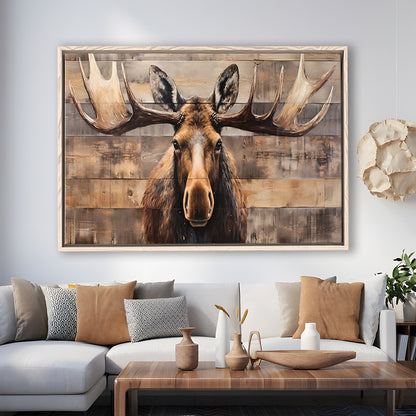 Moose Painted On Wood, Rustic Cabin,  Over Mantel Long Horizontal Decor, Framed Canvas Print Wall Art, Floating Frame