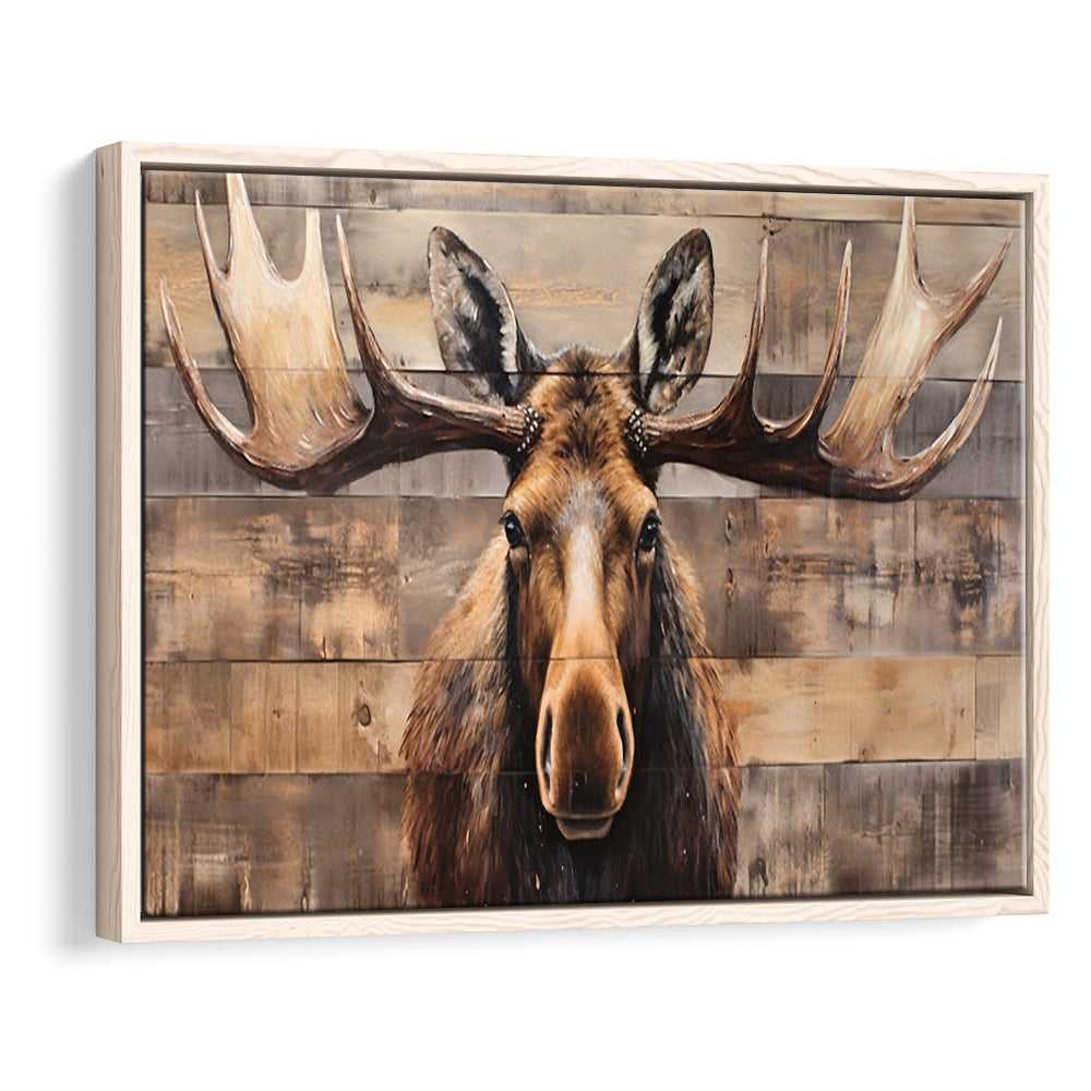 Moose Painted On Wood, Rustic Cabin,  Over Mantel Long Horizontal Decor, Framed Canvas Print Wall Art, Floating Frame
