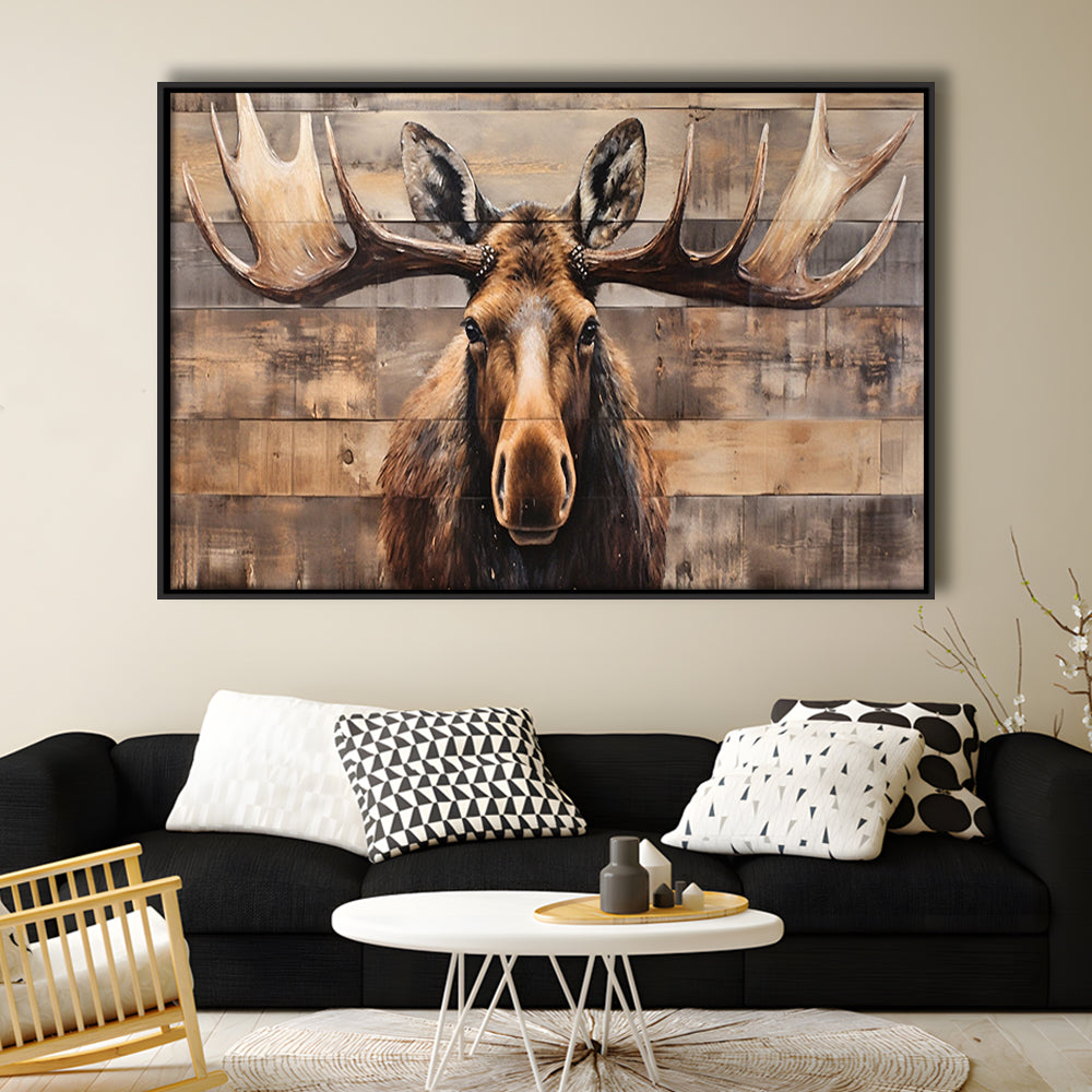 Moose Painted On Wood, Rustic Cabin,  Over Mantel Long Horizontal Decor, Framed Canvas Print Wall Art, Floating Frame