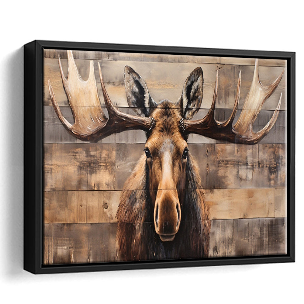 Moose Painted On Wood, Rustic Cabin,  Over Mantel Long Horizontal Decor, Framed Canvas Print Wall Art, Floating Frame