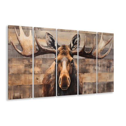 Moose Painted On Wood, Rustic Cabin,  Over Mantel Long Horizontal Decor, 5 Panel B Canvas Print Wall Art, Extra Large Canvas
