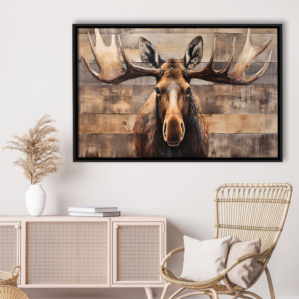 Moose Painted On Wood, Rustic Cabin,  Over Mantel Long Horizontal Decor, Framed Canvas Print Wall Art, Floating Frame