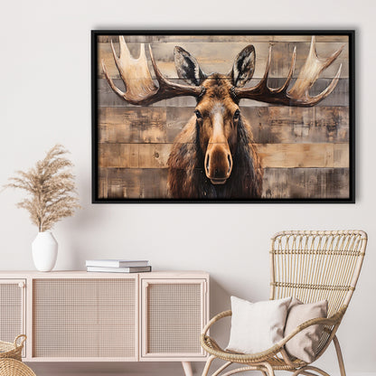 Moose Painted On Wood, Rustic Cabin,  Over Mantel Long Horizontal Decor, Framed Canvas Print Wall Art, Floating Frame