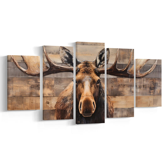 Moose Painted On Wood, Rustic Cabin,  Over Mantel Long Horizontal Decor, 5 Panel Mixed Canvas Print Wall Art, Large Canvas