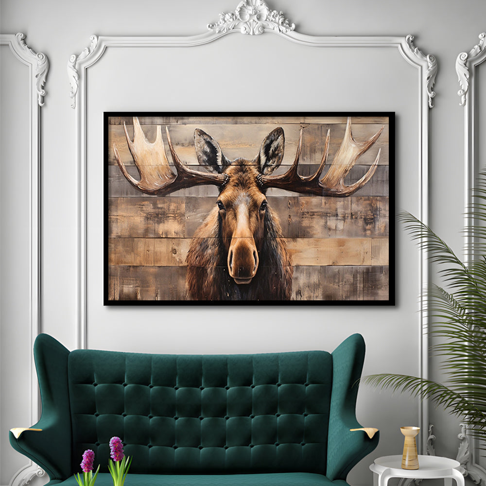 Moose Painted On Wood, Rustic Cabin,  Over Mantel Long Horizontal Decor, Framed Art Print Wall Decor, Picture Framed