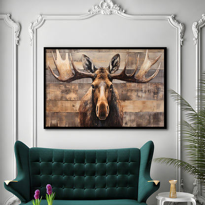 Moose Painted On Wood, Rustic Cabin,  Over Mantel Long Horizontal Decor, Framed Art Print Wall Decor, Picture Framed