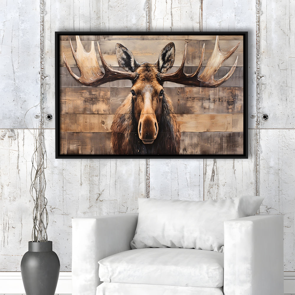 Moose Painted On Wood, Rustic Cabin,  Over Mantel Long Horizontal Decor, Framed Canvas Print Wall Art, Floating Frame