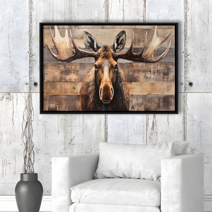 Moose Painted On Wood, Rustic Cabin,  Over Mantel Long Horizontal Decor, Framed Canvas Print Wall Art, Floating Frame