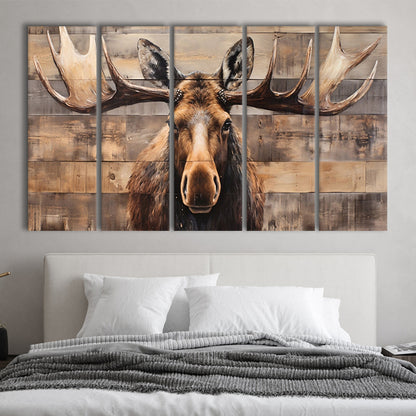 Moose Painted On Wood, Rustic Cabin,  Over Mantel Long Horizontal Decor, 5 Panel B Canvas Print Wall Art, Extra Large Canvas