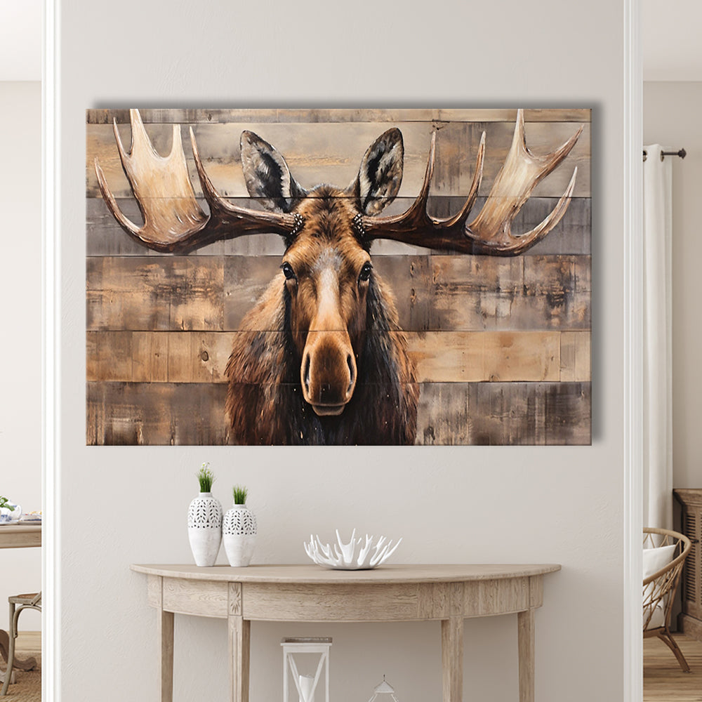 Moose Painted On Wood, Rustic Cabin,  Over Mantel Long Horizontal Decor, Canvas Print Wall Art, Wall Decor, Painting Canvas