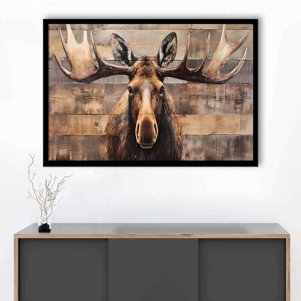 Moose Painted On Wood, Rustic Cabin,  Over Mantel Long Horizontal Decor, Framed Art Print Wall Decor, Picture Framed