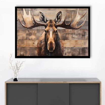 Moose Painted On Wood, Rustic Cabin,  Over Mantel Long Horizontal Decor, Framed Art Print Wall Decor, Picture Framed