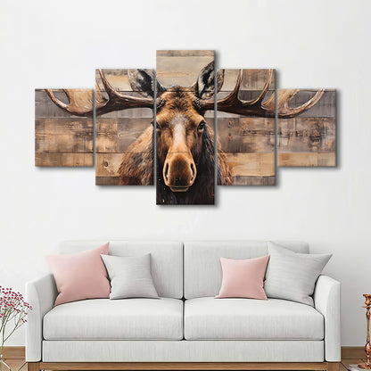Moose Painted On Wood, Rustic Cabin,  Over Mantel Long Horizontal Decor, 5 Panel Mixed Canvas Print Wall Art, Large Canvas