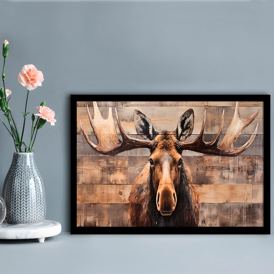 Moose Painted On Wood, Rustic Cabin,  Over Mantel Long Horizontal Decor, Framed Art Print Wall Decor, Picture Framed