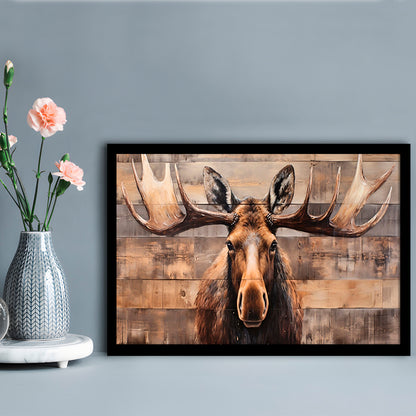 Moose Painted On Wood, Rustic Cabin,  Over Mantel Long Horizontal Decor, Framed Art Print Wall Decor, Picture Framed