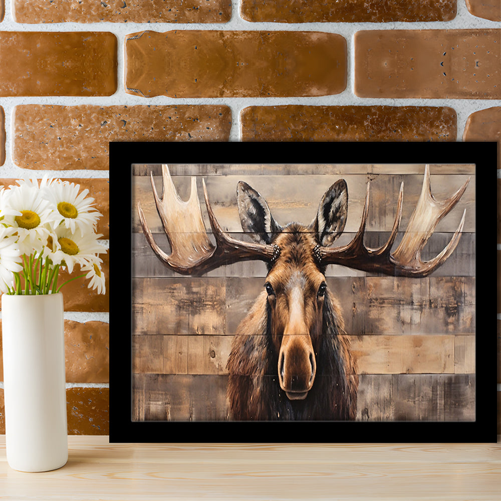 Moose Painted On Wood, Rustic Cabin,  Over Mantel Long Horizontal Decor, Framed Art Print Wall Decor, Picture Framed
