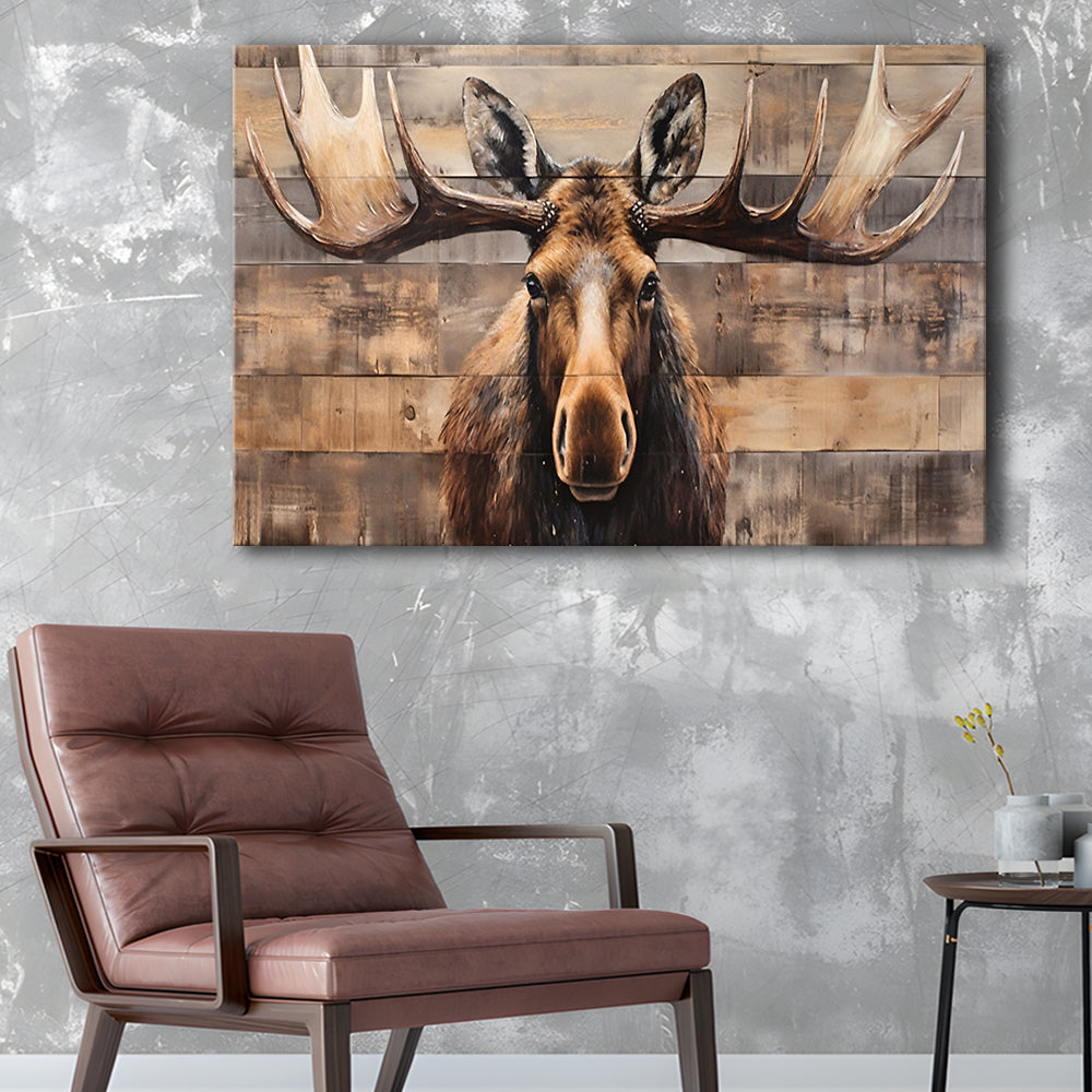 Moose Painted On Wood, Rustic Cabin,  Over Mantel Long Horizontal Decor, Canvas Print Wall Art, Wall Decor, Painting Canvas