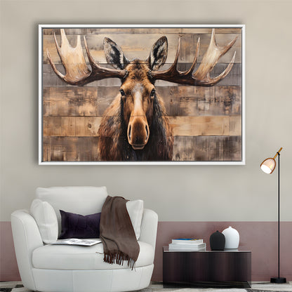 Moose Painted On Wood, Rustic Cabin,  Over Mantel Long Horizontal Decor, Framed Canvas Print Wall Art, Floating Frame