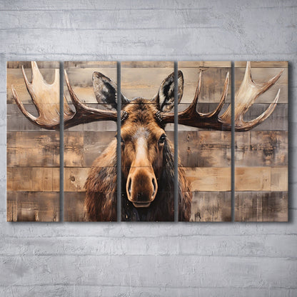 Moose Painted On Wood, Rustic Cabin,  Over Mantel Long Horizontal Decor, 5 Panel B Canvas Print Wall Art, Extra Large Canvas