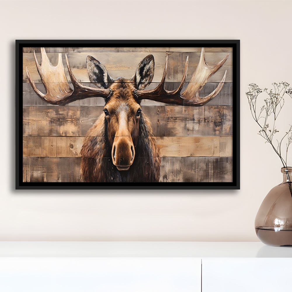 Moose Painted On Wood, Rustic Cabin,  Over Mantel Long Horizontal Decor, Framed Canvas Print Wall Art, Floating Frame