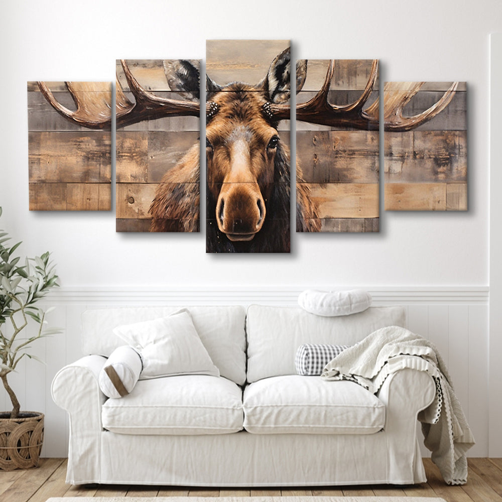 Moose Painted On Wood, Rustic Cabin,  Over Mantel Long Horizontal Decor, 5 Panel Mixed Canvas Print Wall Art, Large Canvas
