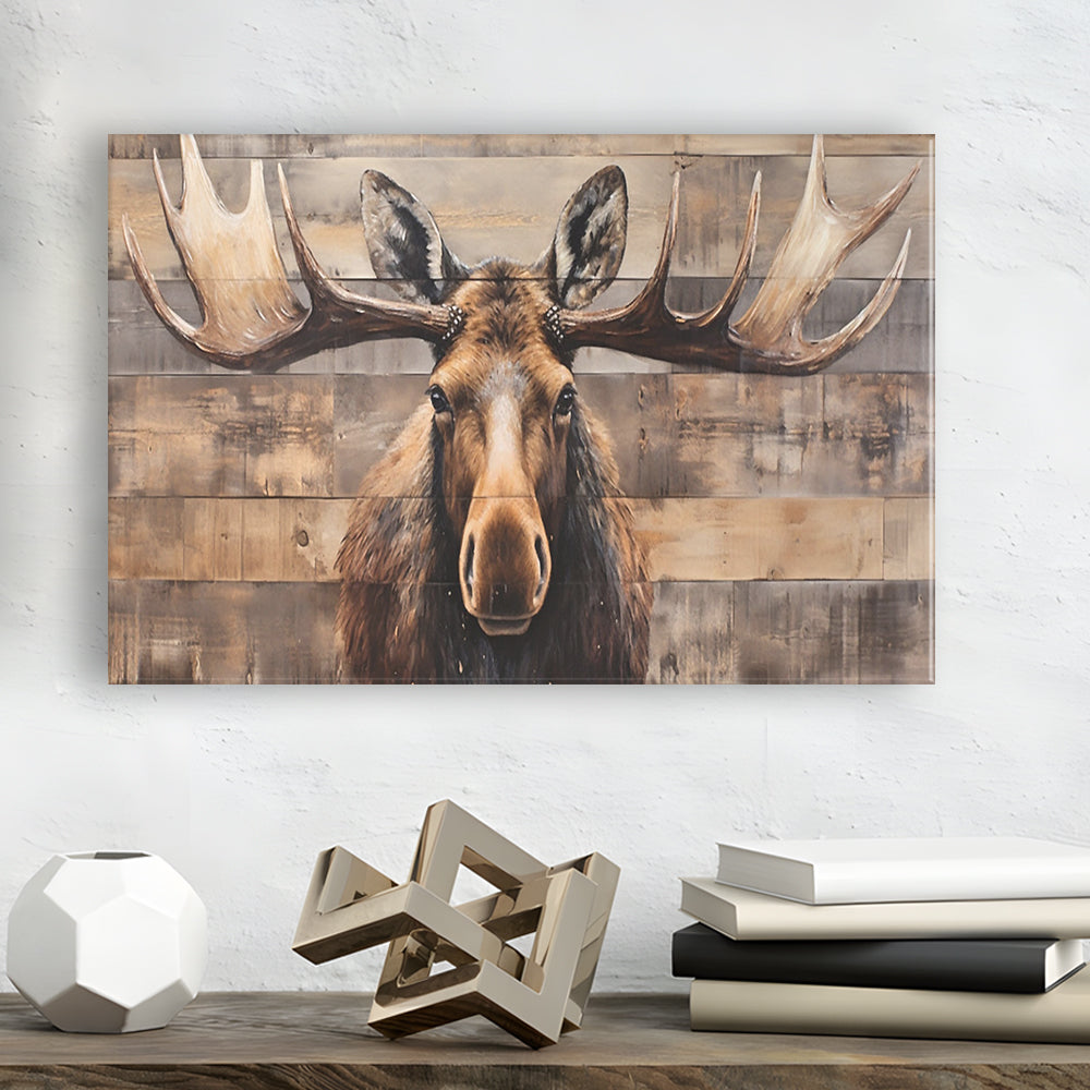 Moose Painted On Wood, Rustic Cabin,  Over Mantel Long Horizontal Decor, Canvas Print Wall Art, Wall Decor, Painting Canvas