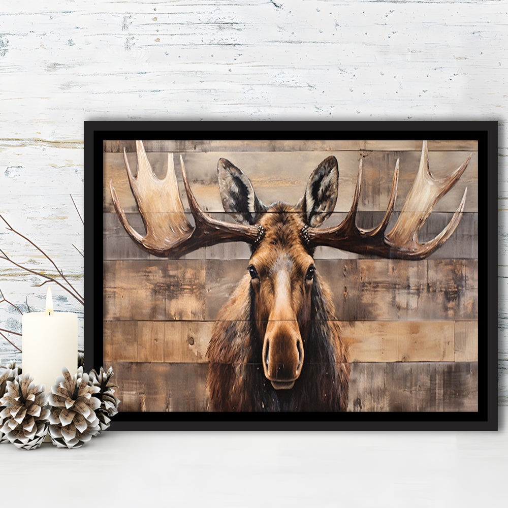 Moose Painted On Wood, Rustic Cabin,  Over Mantel Long Horizontal Decor, Framed Canvas Print Wall Art, Floating Frame