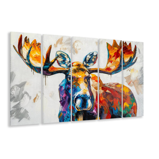 Moose Portrait Knife Painting Mixed Color, Canvas Art Print, Painting Art, Multi Panels Canvas Print Wall Art