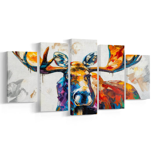 Moose Portrait Knife Painting Mixed Color, Canvas Art Decor Print, Painting Art, Mixed Panels Canvas Print Wall Art