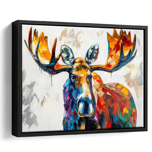 Moose Portrait Knife Painting Mixed Color, Framed Canvas Print, Painting Art, Floating Framed Canvas Print Wall Art